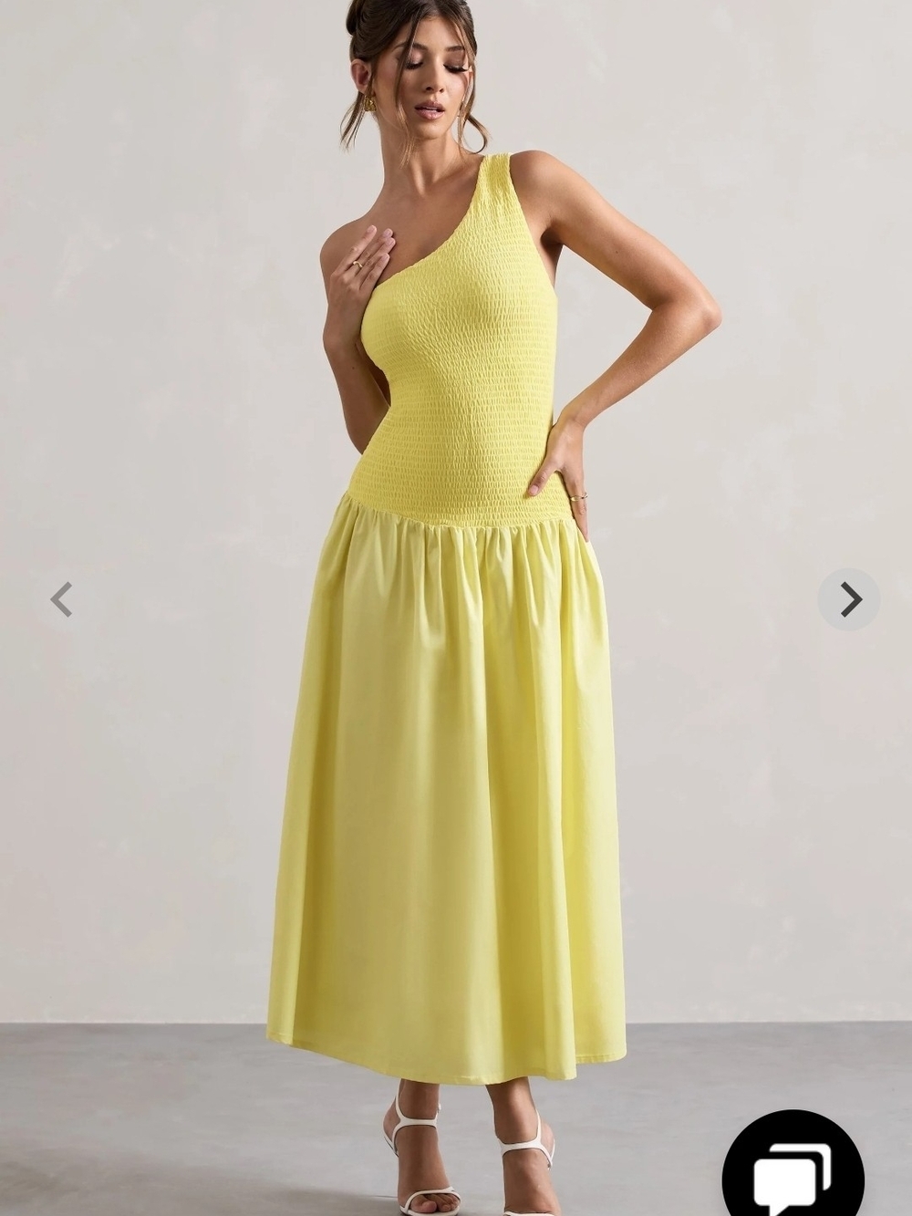 Club L London One-Shoulder Yellow Smocked Midi Dress